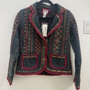 Chicos Heavily Embroidered dark wash denim lined blazer size 0/small